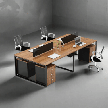Modern 4-Person Office Workstation Desk with Storage Cabinets & Privacy Panels- Wood x Black-WS-0006