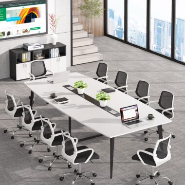 Boat-shaped Meeting Table with a rectangular center section, black and white
