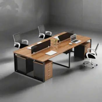 Modern 4-Person Office Workstation Desk with Storage Cabinets & Privacy Panels- Wood x Black